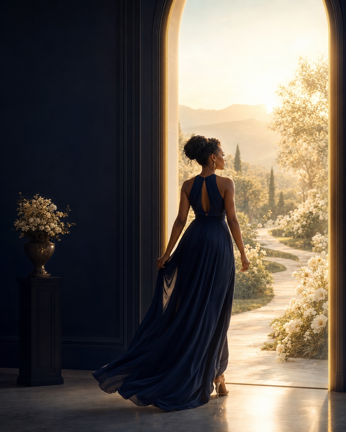 An adult in a flowing navy dress steps through a dark interior doorway into a luminous garden path