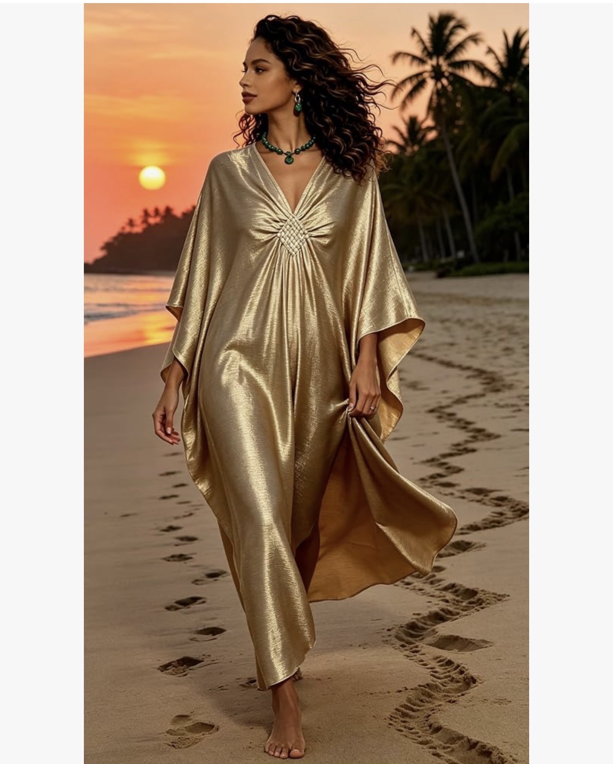 An adult woman in a luminous gold dress walks along a palm-lined island beach at sunset