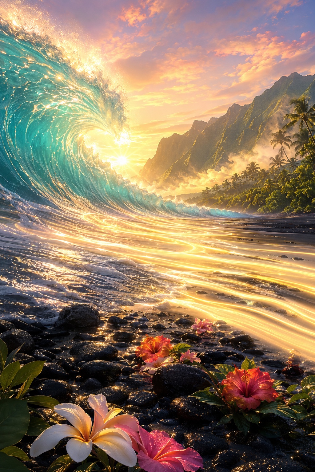 A luminous turquoise wave rises beside a tropical mountain shoreline, with golden water and hibiscus and plumeria flowers on black volcanic stones