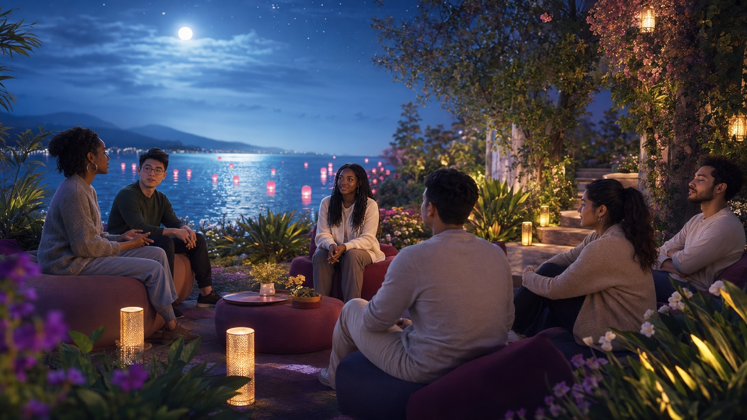 A diverse group of adults gathers in a moonlit tropical garden beside the water with soft lantern light