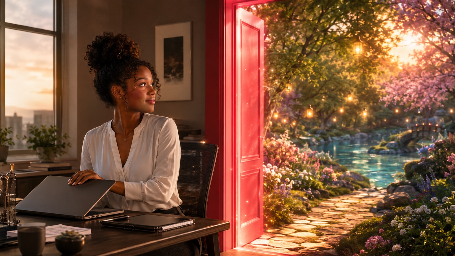 An adult professional pauses at a desk beside an open luminous garden portal filled with flowers and warm light