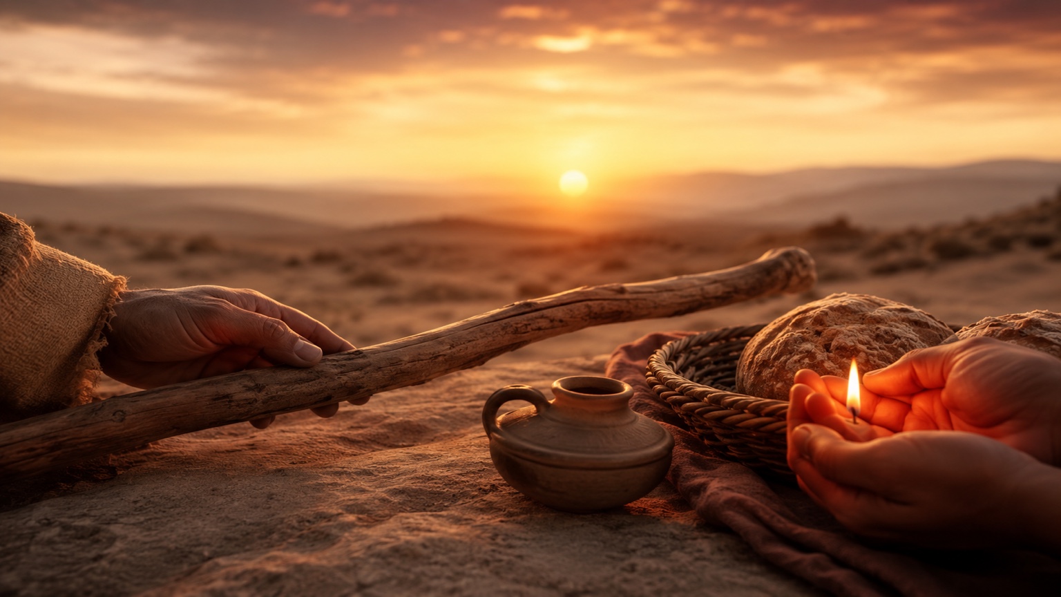 Hands rest gently beside a warm bowl and candle on a quiet volcanic shoreline at golden sunrise