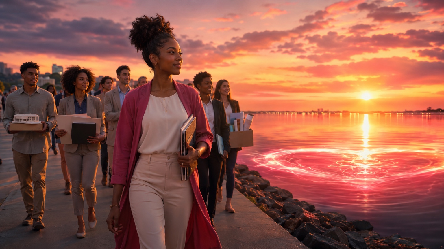A diverse group of adult professionals walks together beside the ocean beneath a vivid island sunset