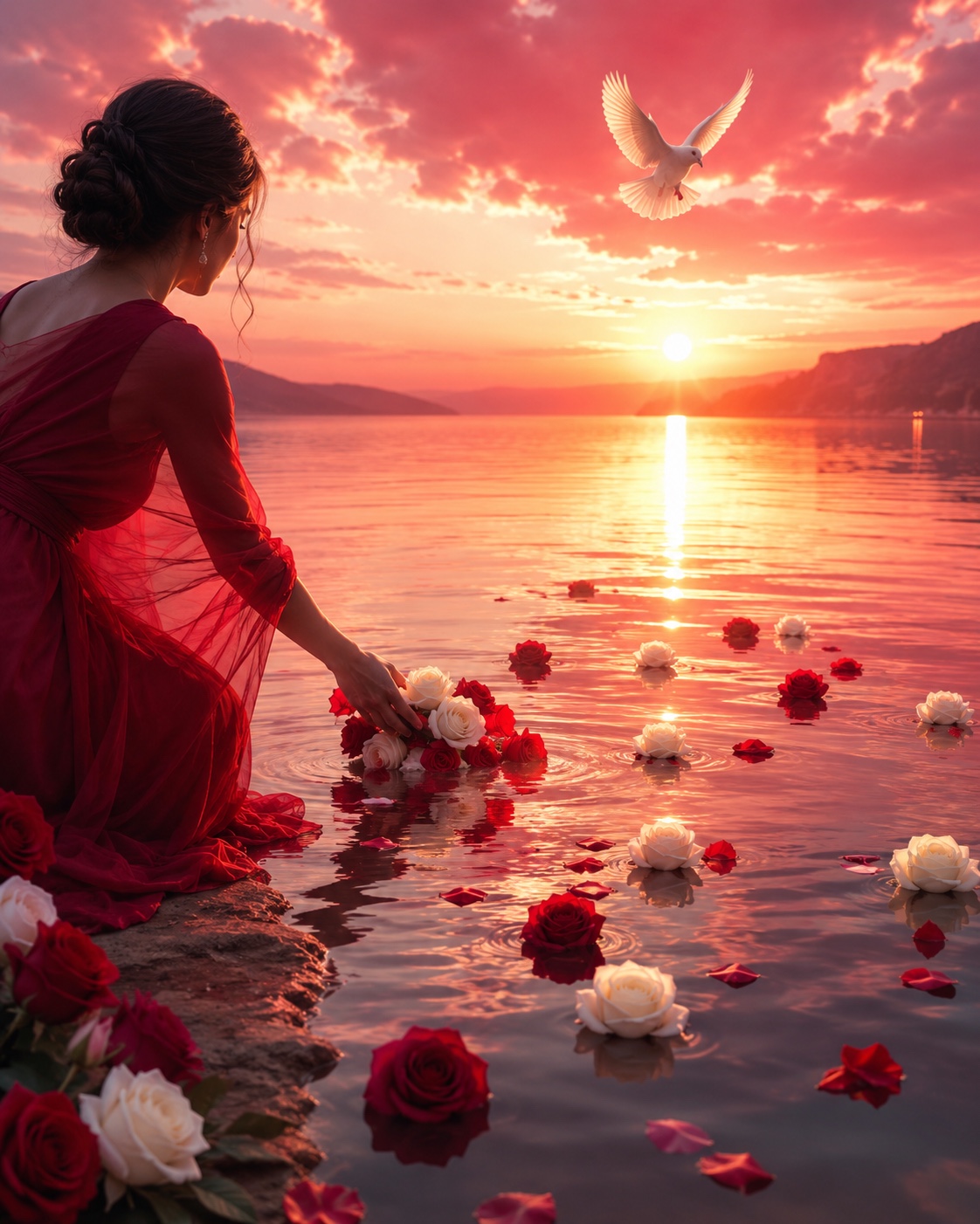 An adult woman in flowing deep rose stands at a glowing island shoreline at sunrise as flowers rest on the water