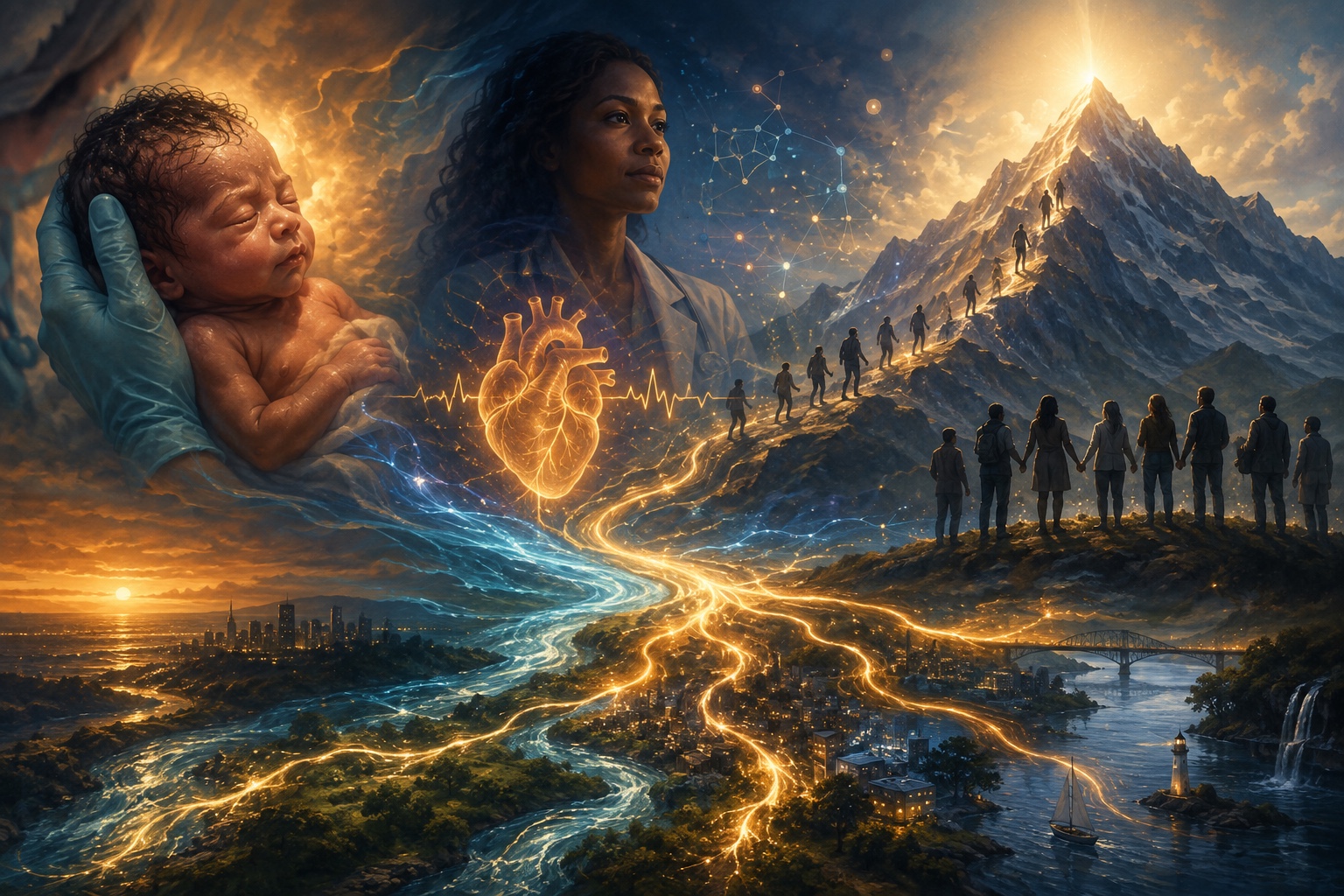 A symbolic adult vitality journey flows through water, a luminous heart field, mountain light, and a connected community