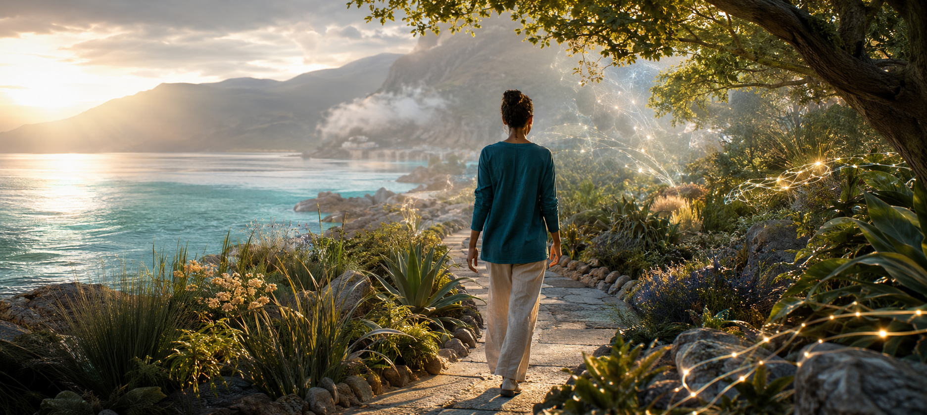 A person walking through a luminous coastal garden beside tranquil blue water at sunrise